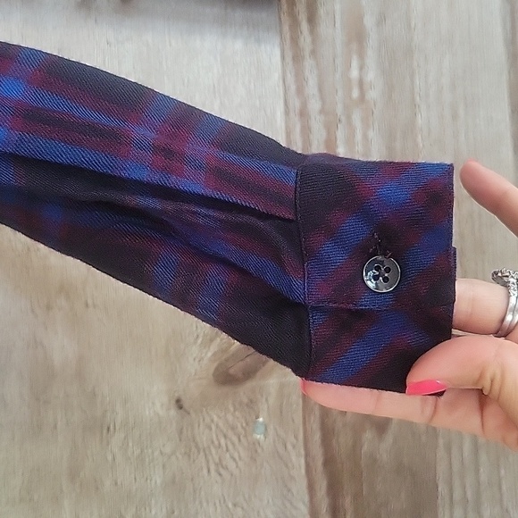 CAbi Medium Blue, Black, and Maroon Plaid Peplum Button Front Shirt - Picture 2 of 7